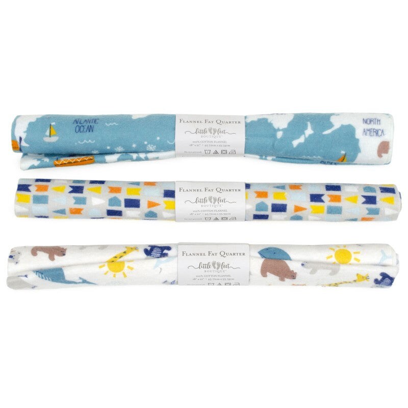 3 Flannel Fat Quarters Adventure Little Feet Boutique Blue White 18" x 21" Precut Baby