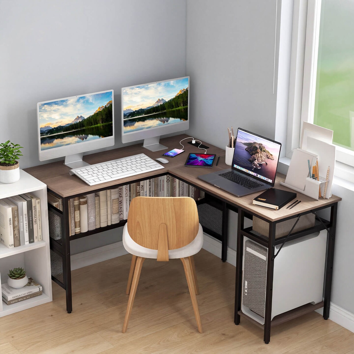 Costway Reversible L-Shaped Computer Desk with Charging Station Adjustable Shelf CPU Stand