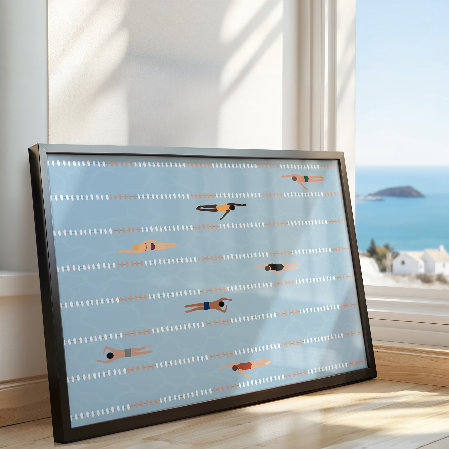Tiny People Swimming in the Pool Print Minimalist Pool Art