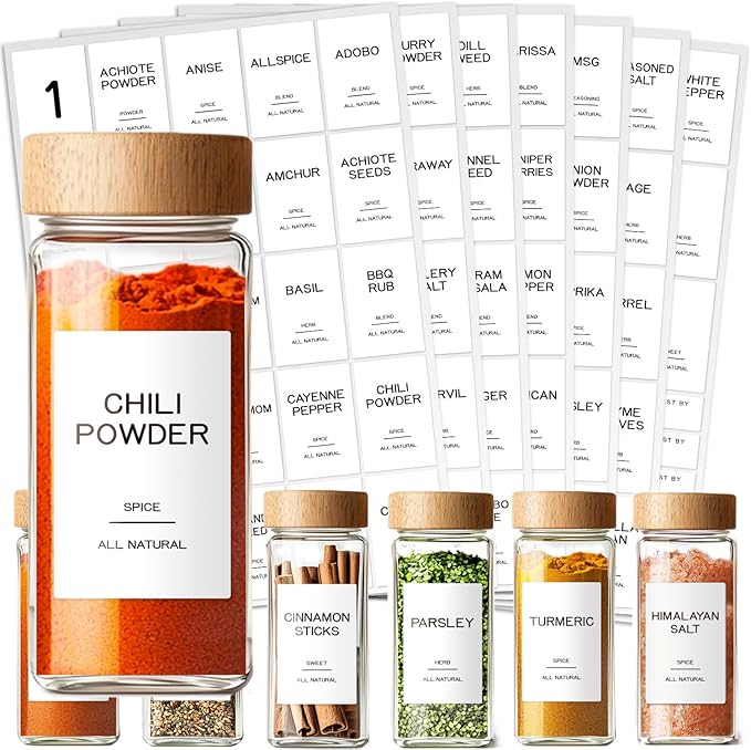 201 Spice Jar Labels, Preprinted Waterproof Minimalist Kitchen Pantry Labels, Herb & Seasoning Stickers for Spice Containers, Includes Blank, 