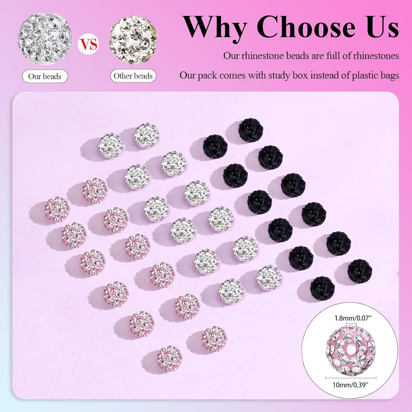 255PCS 10mm Rhinestone Beads for Baseball Rhinestone Necklace Bracelet Jewelry Making, Round Polymer Clay Beads for Crafts Beaded Pen, Shamballa Pave Disco Diamond Bead, Pink|White|Black