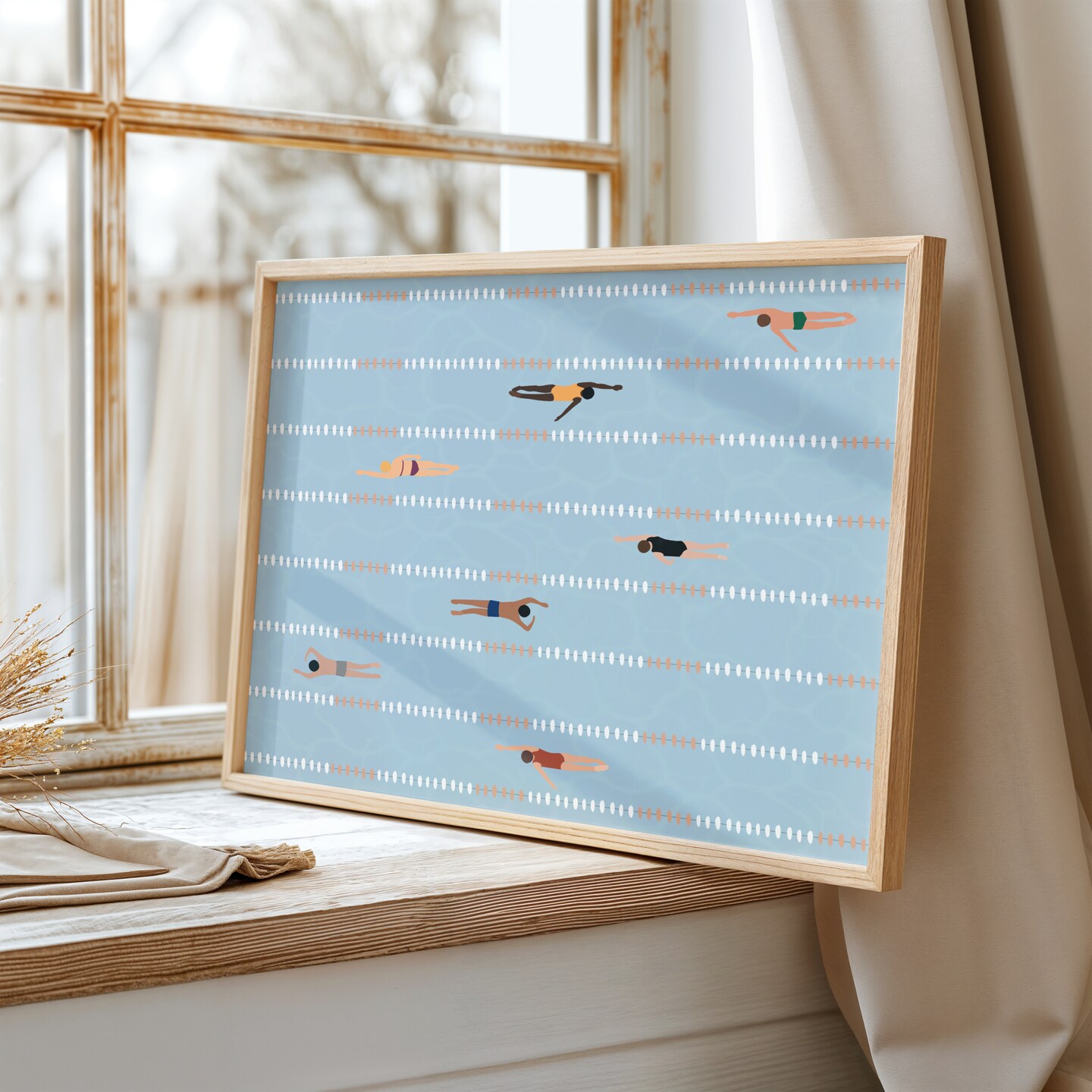 Tiny People Swimming in the Pool Print Minimalist Pool Art