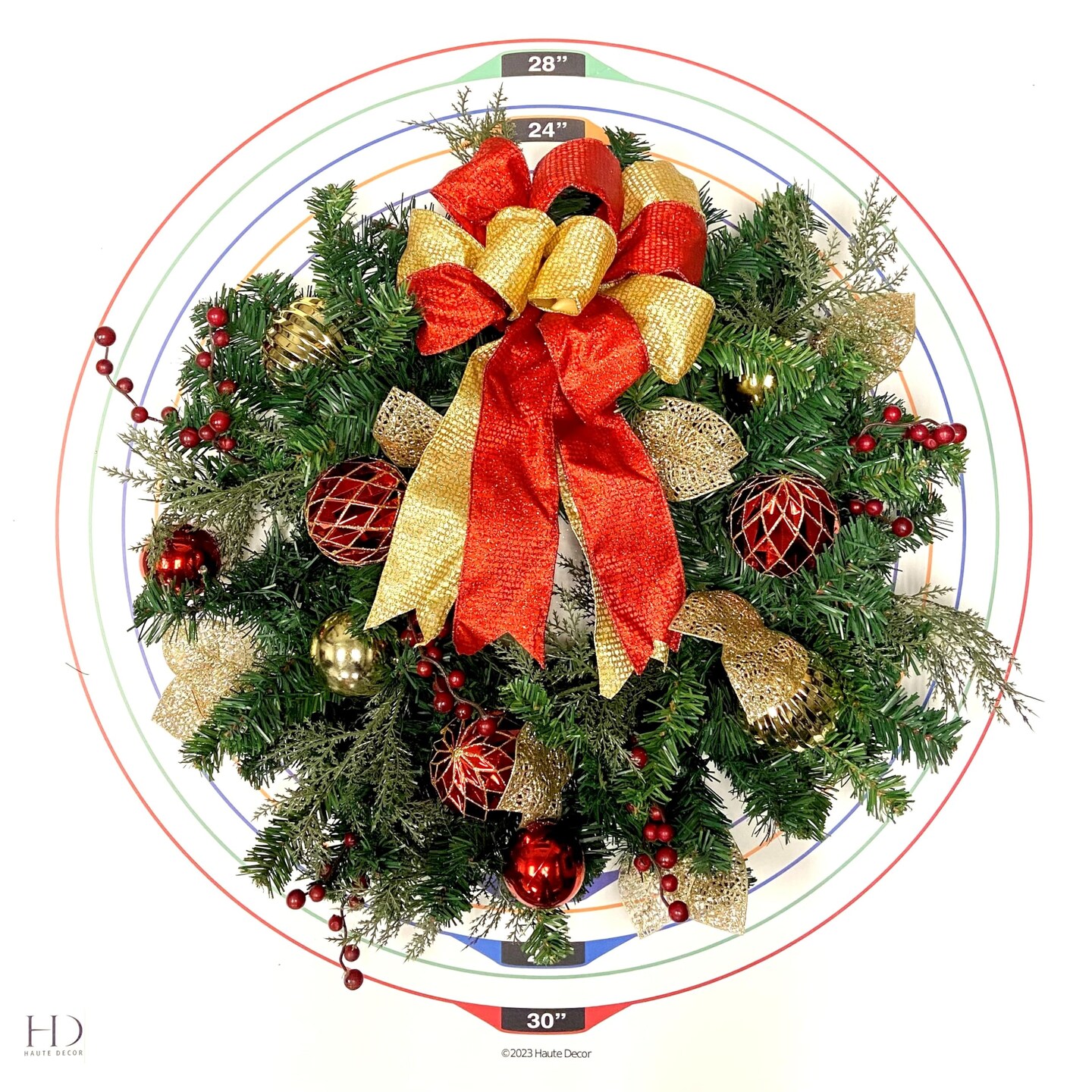 Haute Decor 24 Inch Madison PRELIT Wreath with 30 Battery Operated Soft White LED Lights - Elegant Christmas Wreath with Automatic On-Off Timer