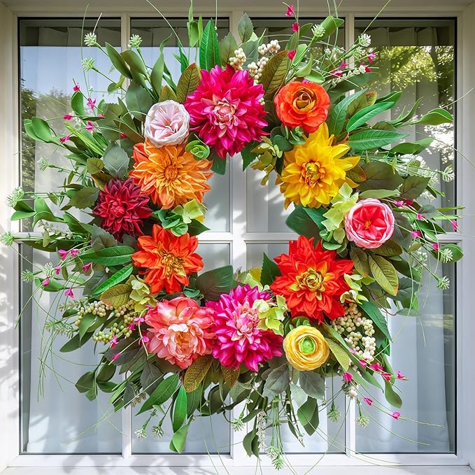 24-Inch Artificial Peony Dahlia Rose Spring & Summer Wreath