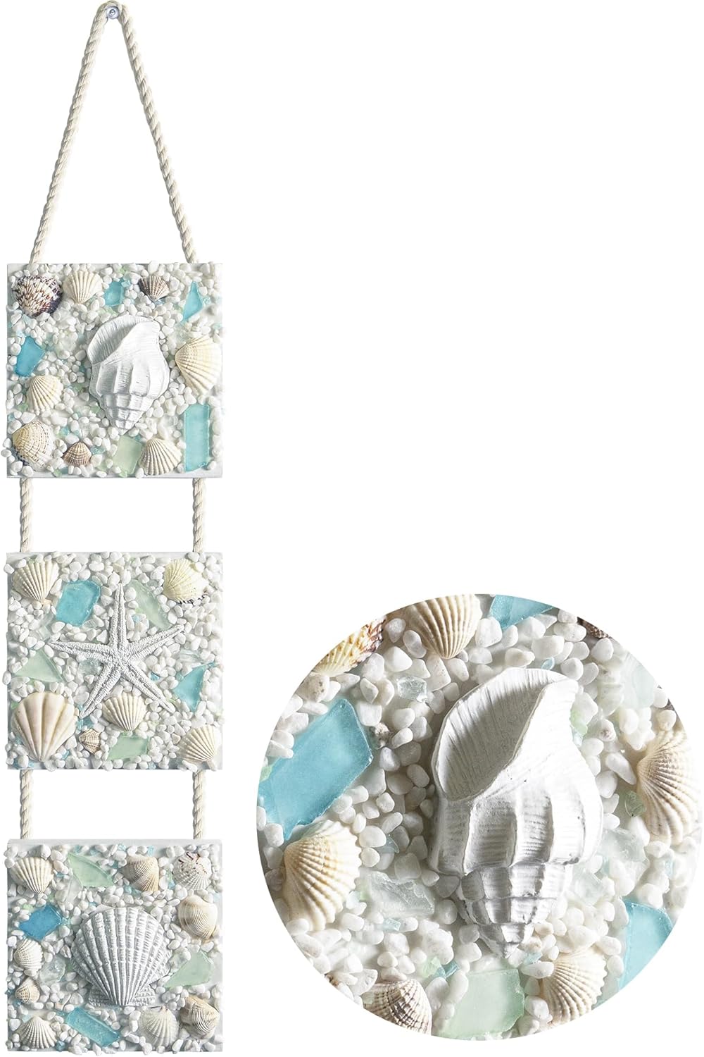 Greentek; 3D Coastal Wall Decor – Seashell, Starfish & Conch Wall Hanging (20.5") – Ocean Themed Beach Bathroom & Home Nautical Summer Wall Art with Sand & Blue Glass Accents; Category:Summer Decor; Image:1