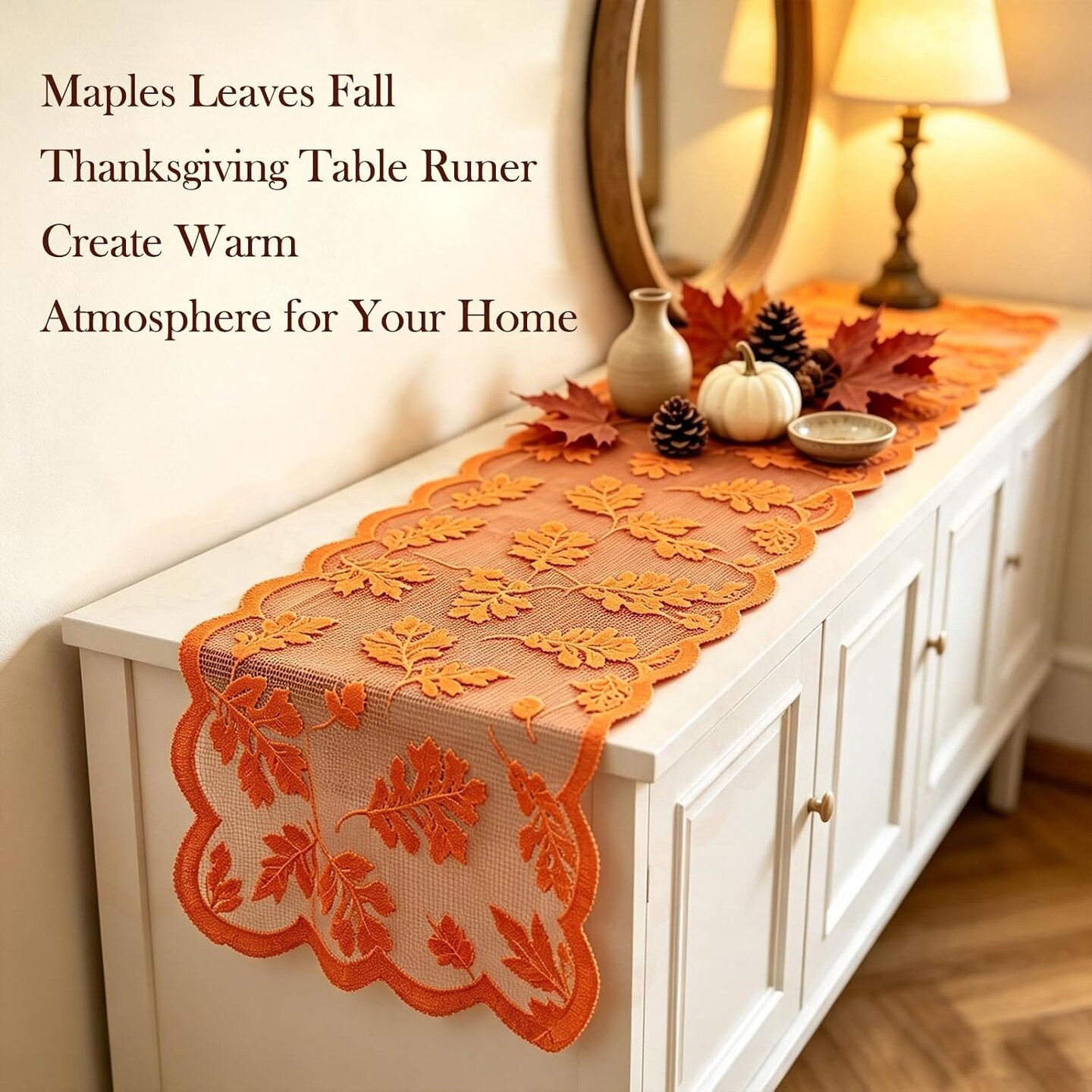 Fall Table Runner 13 x 72 Inch, Orange Maple Leaf Lace Tablecloth