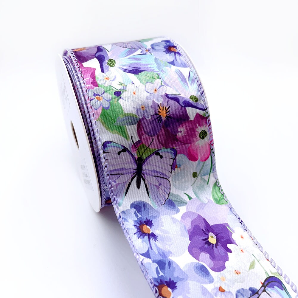 Designer&#x27;s Shop WR 63-5198 Spring Summer Lilac Purple butterfly and small Floral on white wired edge ribbons , 2.5&#x201D; x 10 yard