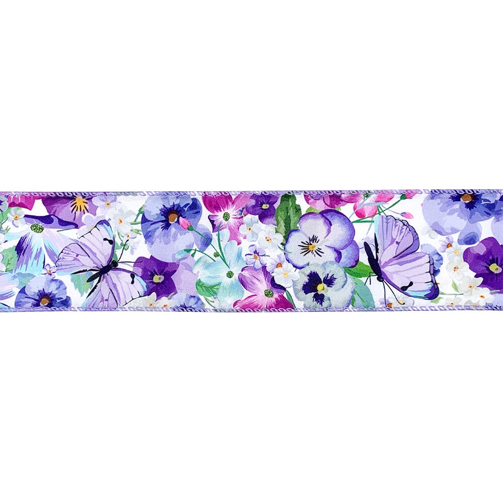 Designer&#x27;s Shop WR 63-5198 Spring Summer Lilac Purple butterfly and small Floral on white wired edge ribbons , 2.5&#x201D; x 10 yard