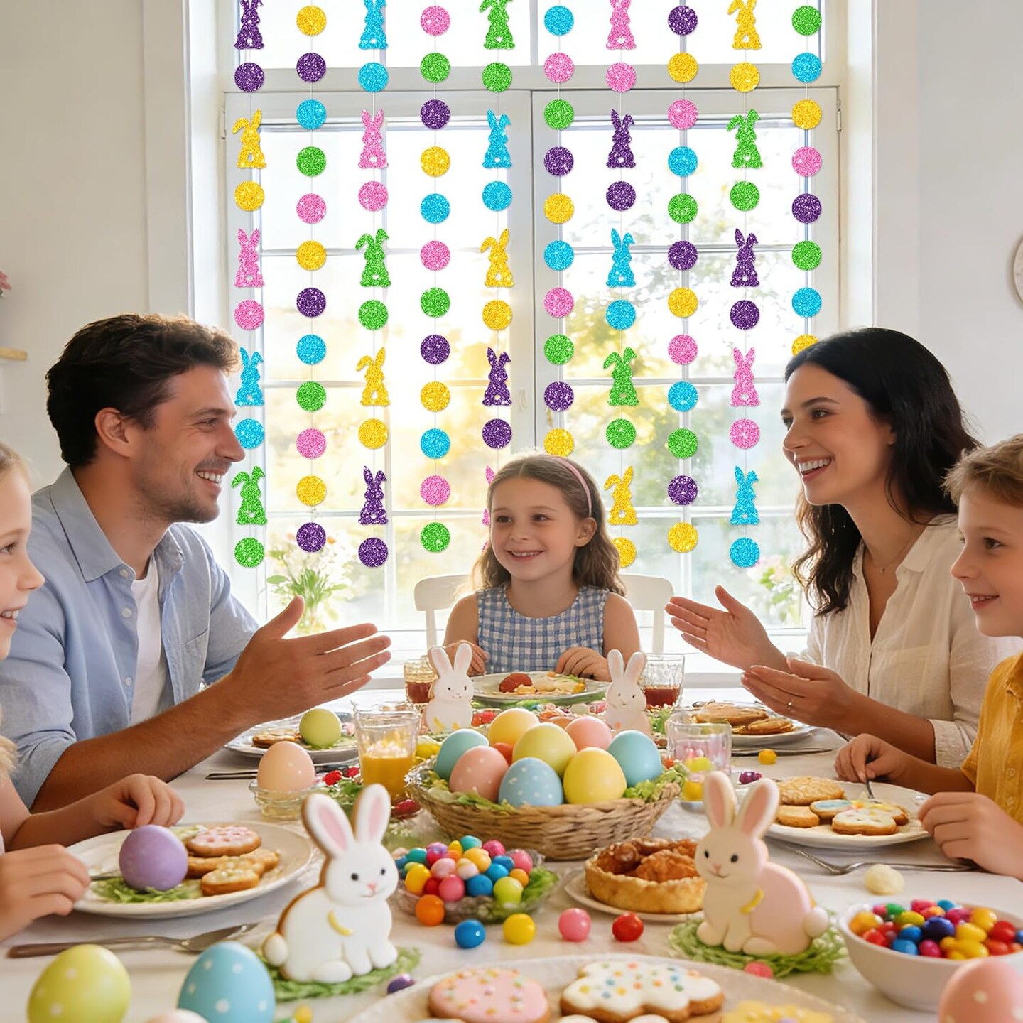 10-Piece Easter Bunny Garland – Colorful Glitter Rabbit Hanging Banner for Spring, Party, Mantel & Classroom Decor