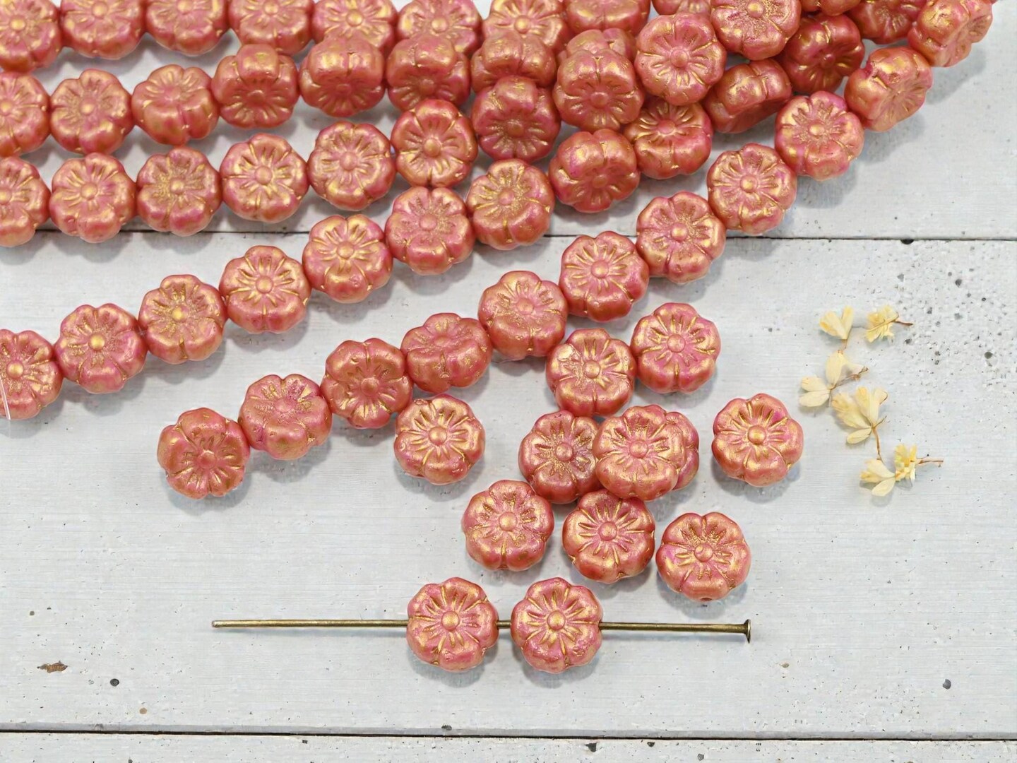 *12* 8mm Bronze Washed Opaque Rose Pink Hibiscus Flower Beads