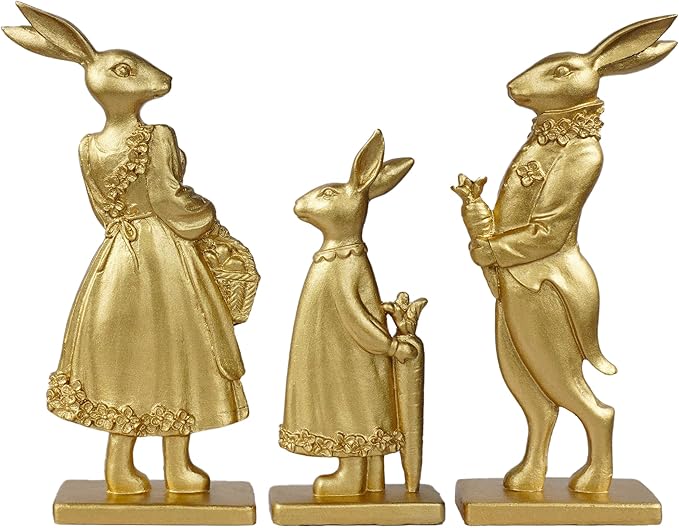 Resin Vintage Gold Bunny Decor Rabbit Figurines, Small Easter Bunny Figurine Set of 3, Vintage Easter Rabbit Statue Table for Home Decoration, Spring Easter Gift (2D Bunny Family)