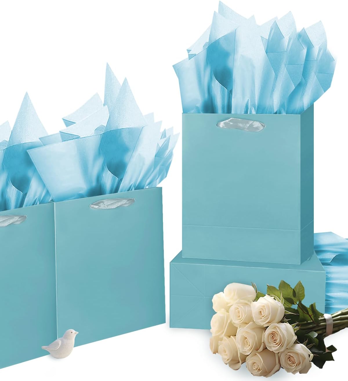 Lake Blue Gift Bags with Tissue Paper for Wedding, Birthday, Party Supplies - Medium Size Cardboard Gift Bags (5pcs + 10pcs Tissue Paper)