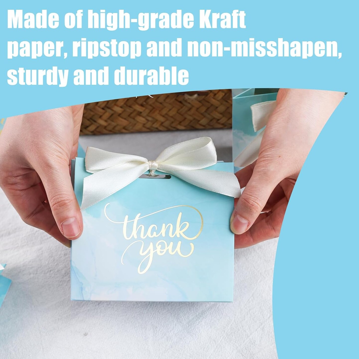 Thank You Gift Bags, Light Blue Bags with Gold Lettering and Bow Ribbon, 24 Pack, for Wedding Bridal Baby Shower Birthday