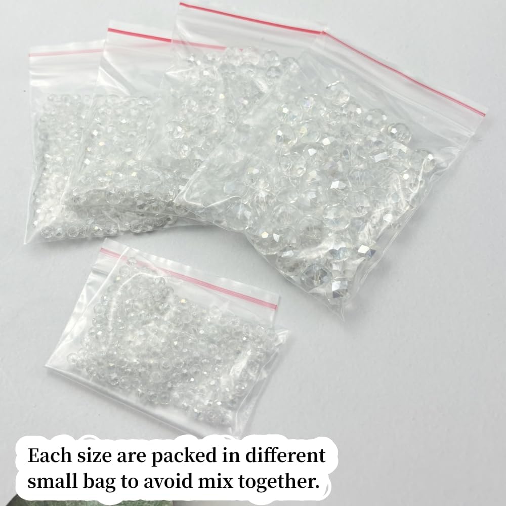600pcs Crystal Glass Beads 3mm 4mm 6mm 8mm 10mm Rondelle Faceted Crystal Beads Spacer Beads for Necklace Bracelet Earrings DIY Jewelry Crafts Making Supplies(Clear AB)