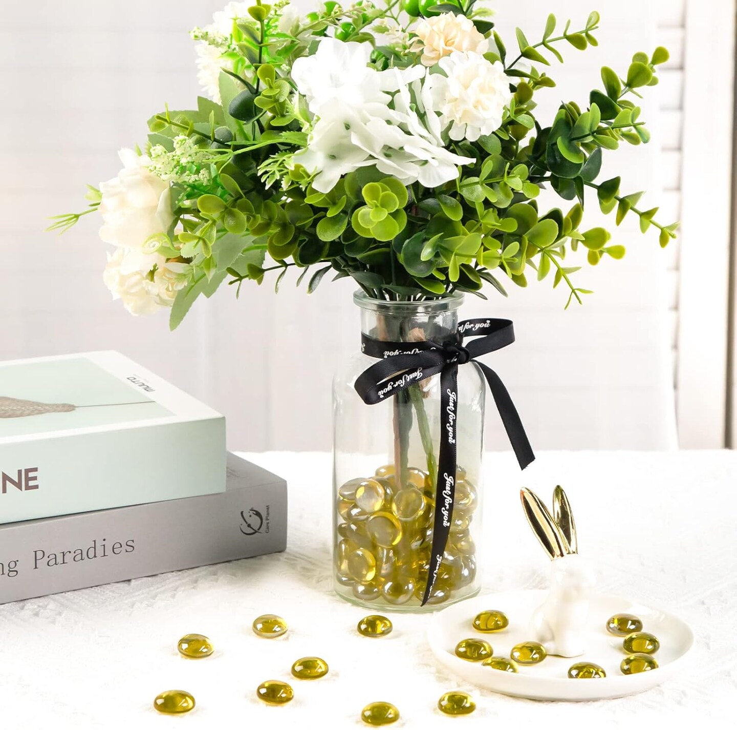 1LB Yellow Flat Glass Marbles, Glass Beads Floral Pebbles Decorative Rocks Gold Gemstones Vase Fillers for Centerpieces Table Scatter Aquarium Fall Home Decor