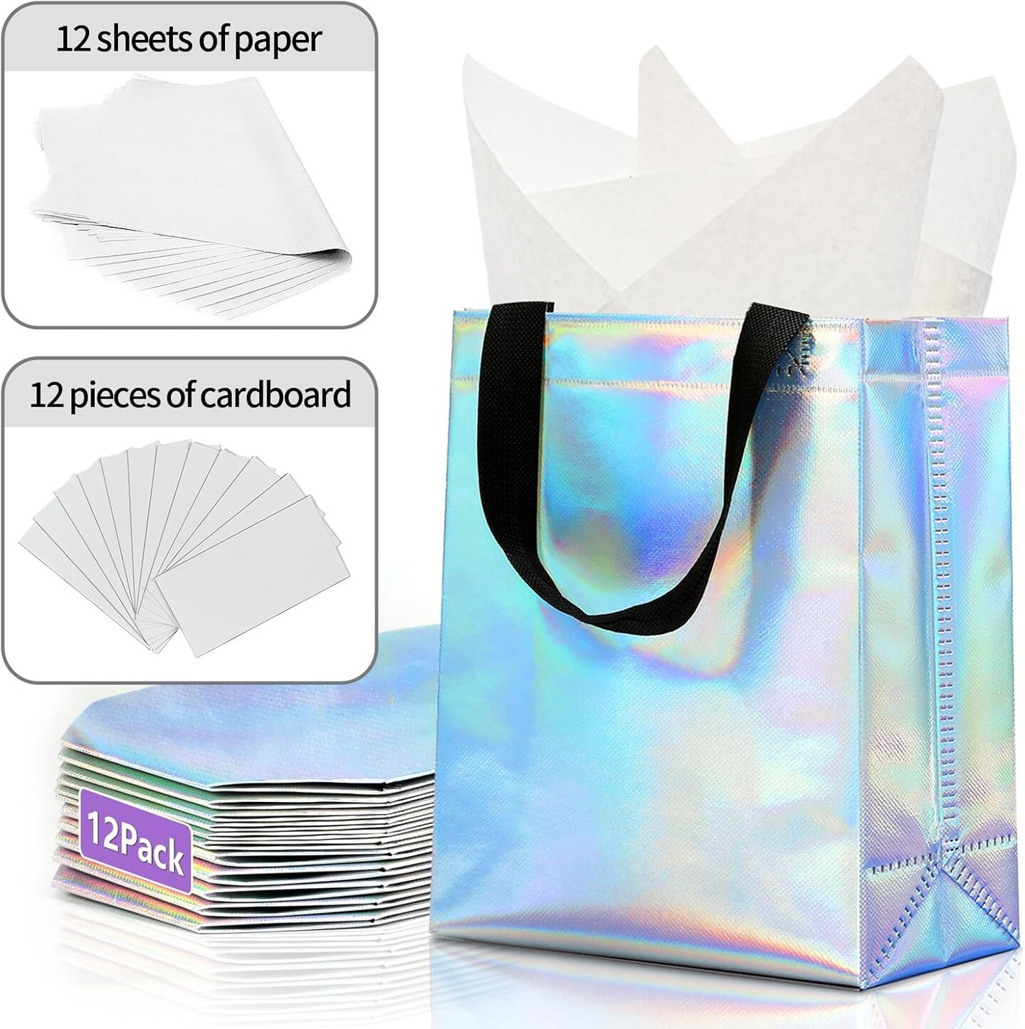 12pcs Reusable Gift Bags(Includes Tissue Paper) Gift bag with handle Birthdays Parties Holidays Weddings Medium 10x4x8in rainbow Gift Bags
