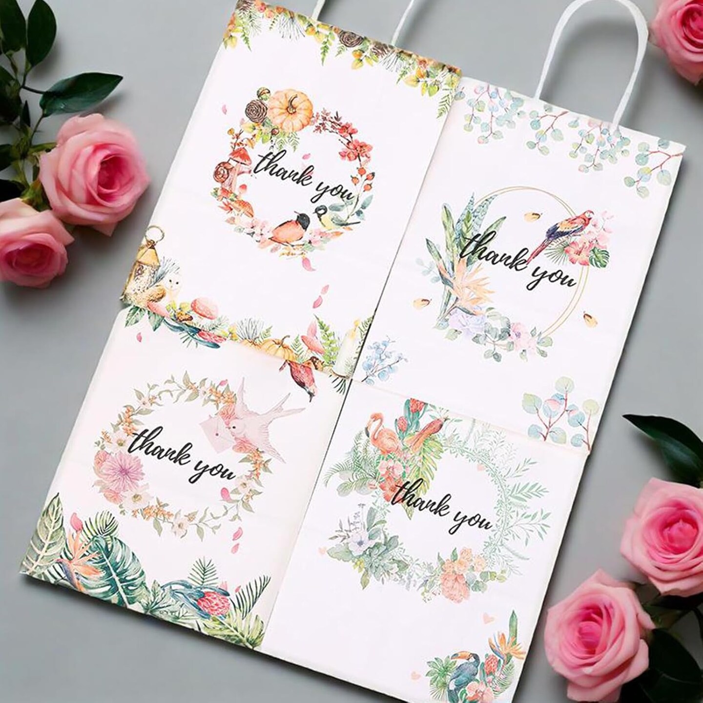 Medium Gift Bag, Gift for Mom and Dad,Flowers and Thankyou Patterns, with Tissue and Card Packaging Bag 4pc