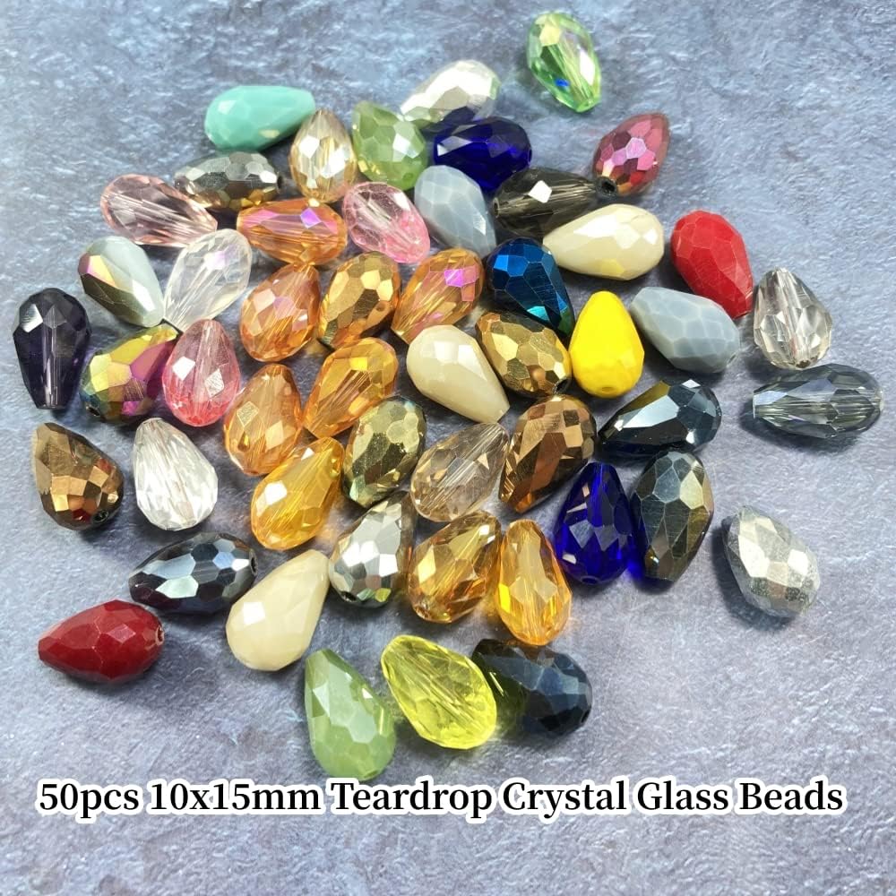 50pcs Teardrop Crystal Glass Beads 10x15mm Vertical Hole Faceted Glass Teardrop Spacer Beads for Bracelets Necklace Earring DIY Jewelry Making Craft(Mix Colors Series)