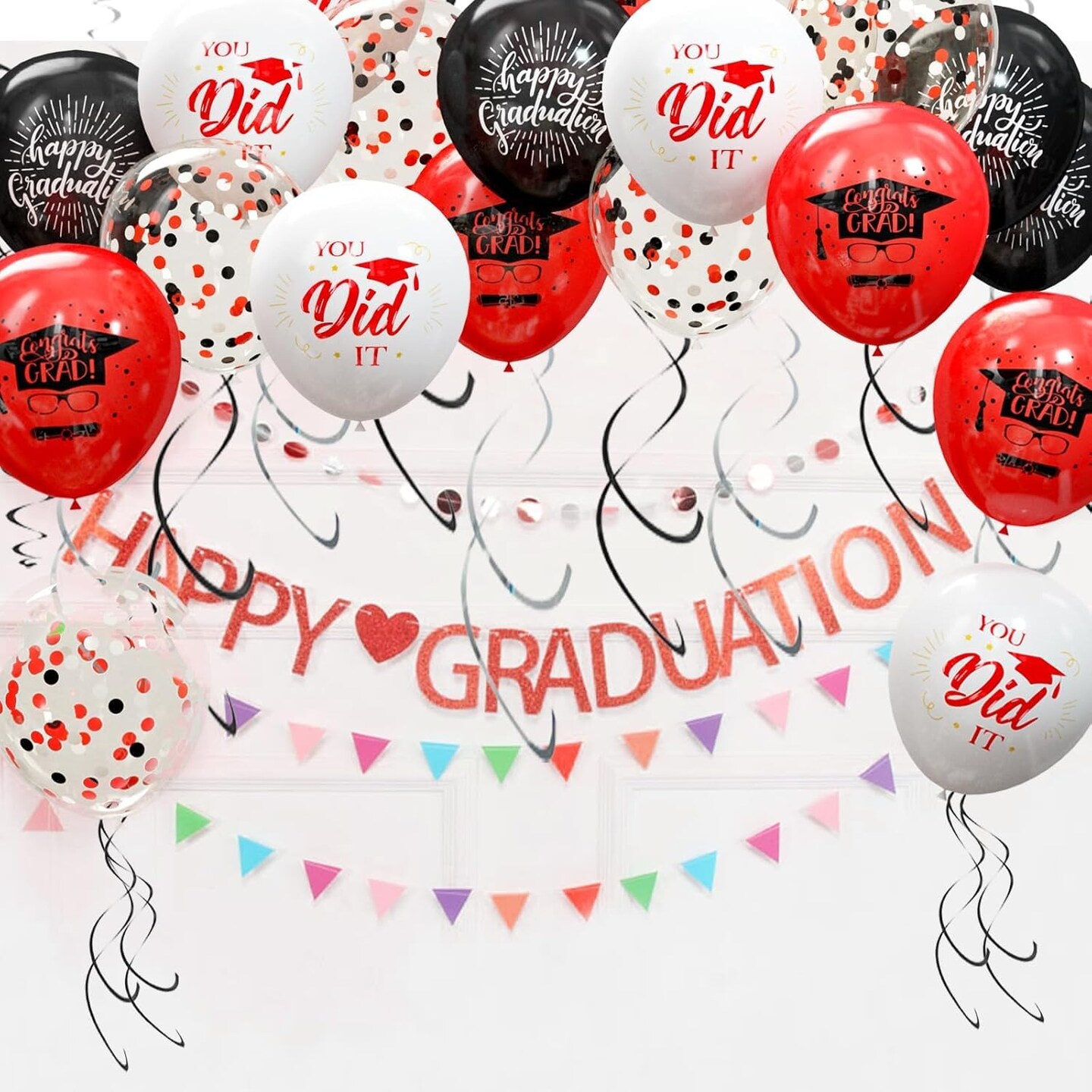 75 Pack Graduation Party Decorations Balloons Set - 12 Inch Black Red Confetti Grad Balloons with Ribbons for Graduation Party Decoration Supplies