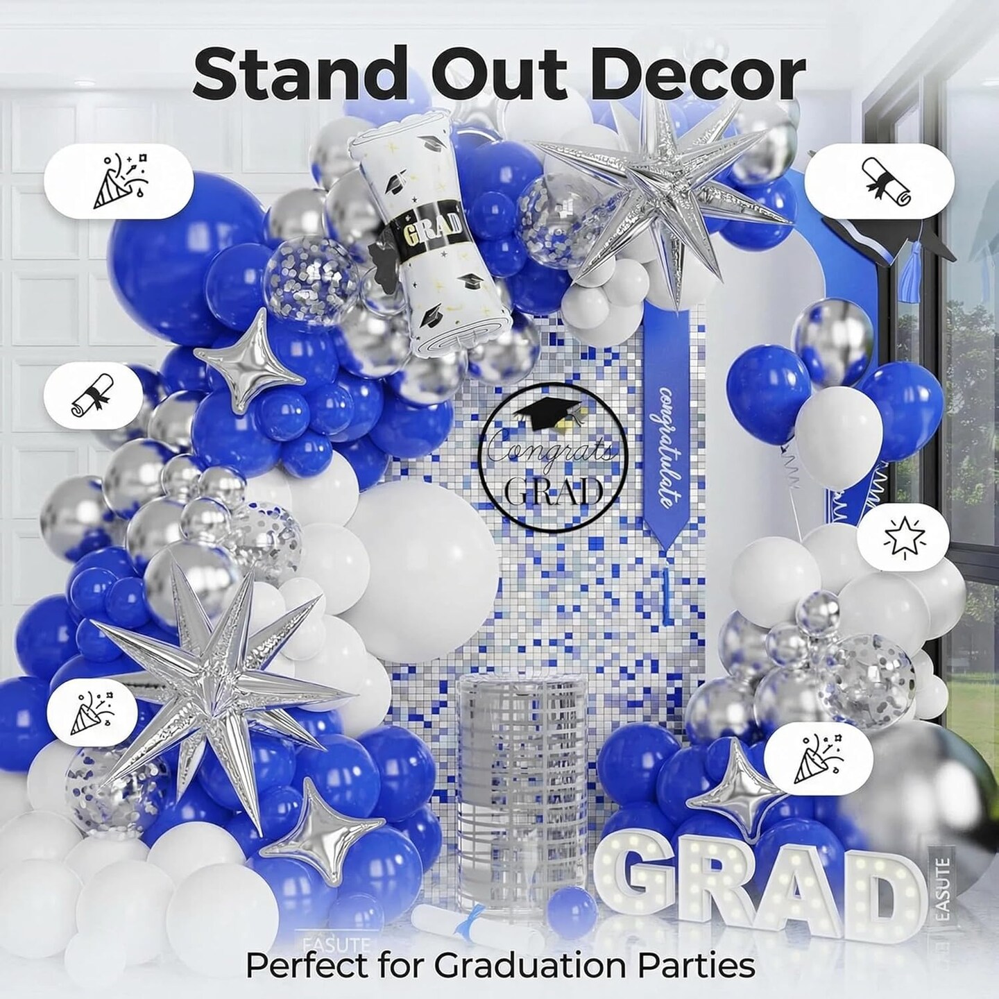 Blue White Silver Graduation Balloon Arch Kit, 2026 Graduation Decorations with Grad Balloons and Exploding Star, Class of 2026 Graduation Party Decor, Photo Booth Backdrop Supplies