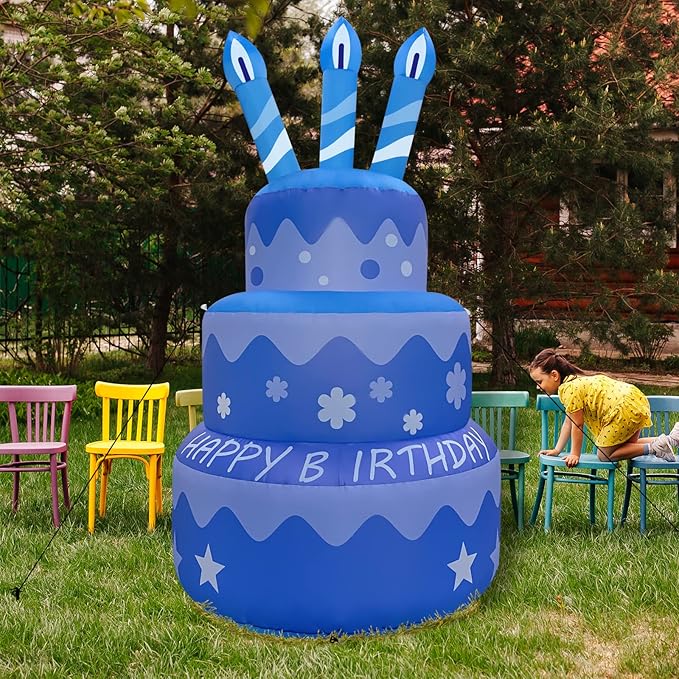 GOOSH 5.5 FT Birthday Inflatables Cake with Candle Happy Birthday with Colorful Rotating LED Lights (Pink)