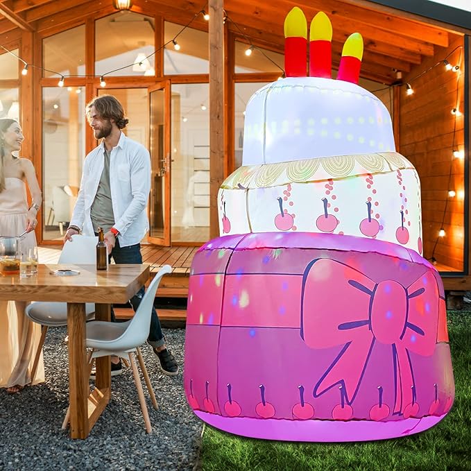 GOOSH 6.4 FT Birthday Inflatables Cake with Candle Happy Birthday with Colorful Rotating LED Lights (Red-B)