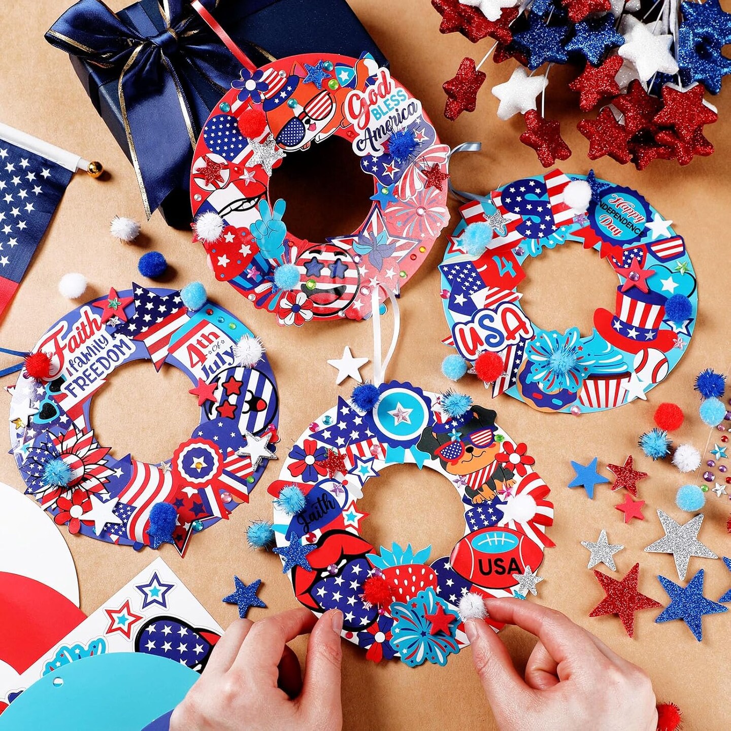 48-Set DIY 4th of July Wreath Craft Kit – Patriotic Red, White & Blue Paper Wreaths with Stickers for Independence Day, Memorial Day & Party Activities