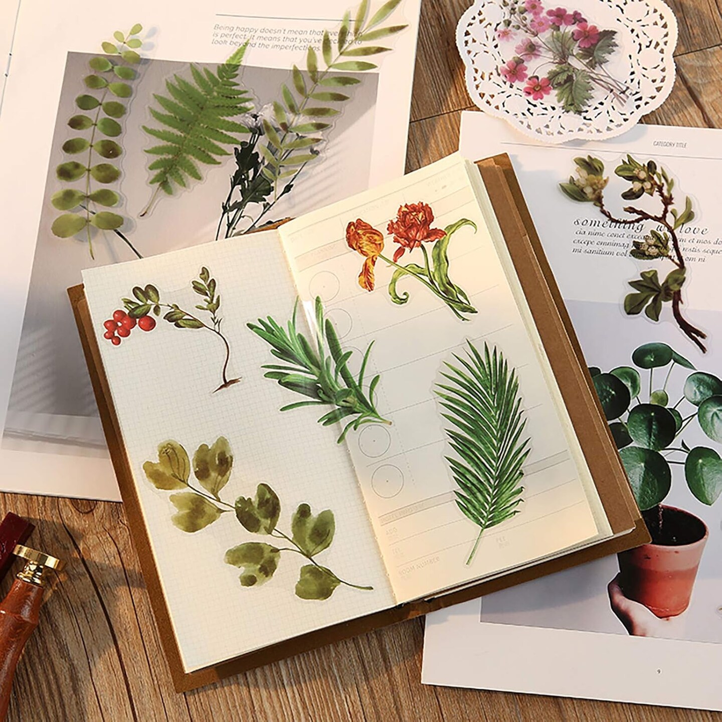 Transparent Nature Flower Stickers, 120PCS Waterproof Vintage Plants Flowers (Leaves and Flowers)