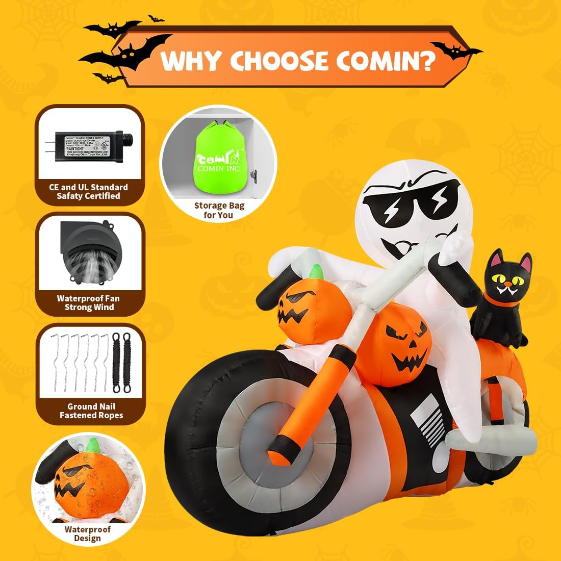 GOOSH 6 FT Halloween Inflatables Ghost Outdoor Blow Up Yard Pumpkin Cat Motorcycle