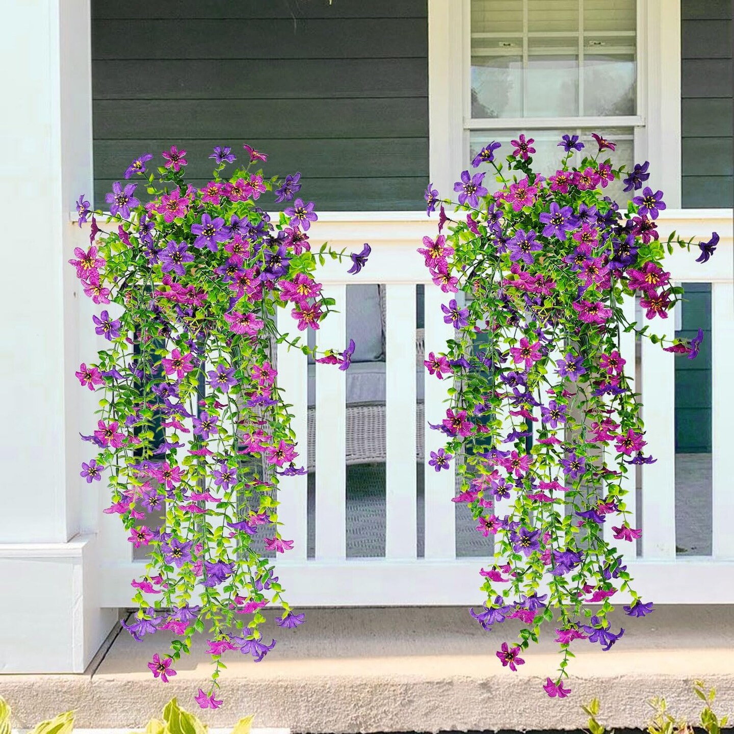Artificial Hanging Flowers for Outdoors, 2 Pcs Fake Silk Daisy Flowers Decor (Double Purple)