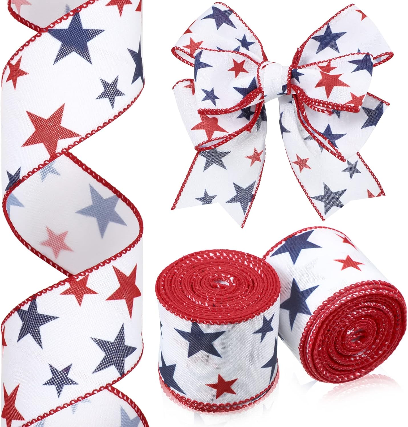 2 Rolls Patriotic Ribbon 4th of July Ribbon Red White Blue Independence Day Flag Decorations 2. 5 Inch