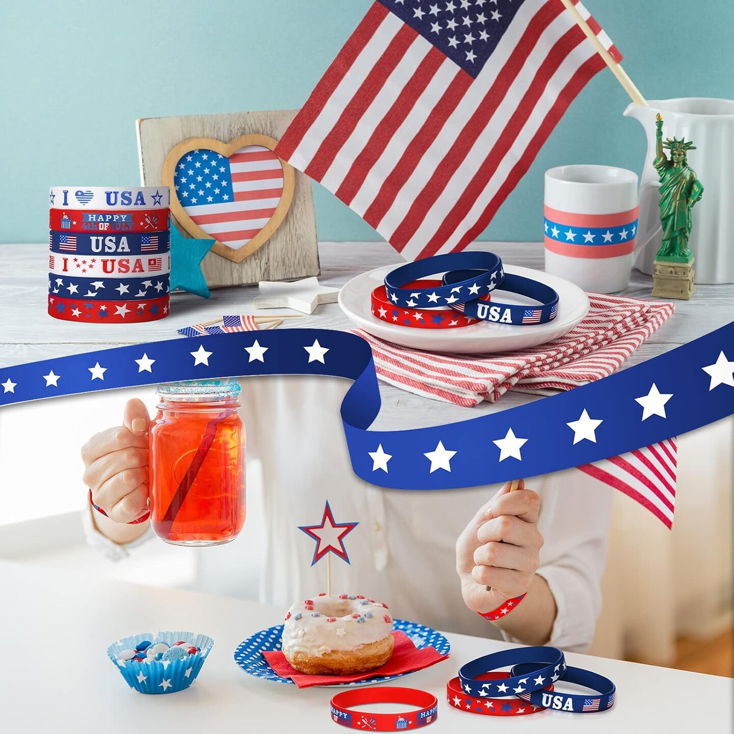 60 Pcs 4th of July Patriotic Bracelets USA American Flag Red White and Blue Star Silicone Bracelets Memorial Day Rubber Wristband for 250th Anniversary Independence Day Party Favors