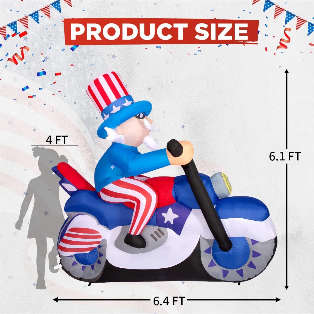 GOOSH 6.4FT Long 4th of July Patriotic Inflatable Uncle Sam on Motorcycle Independence Day Yard Decorations Built-in LEDs