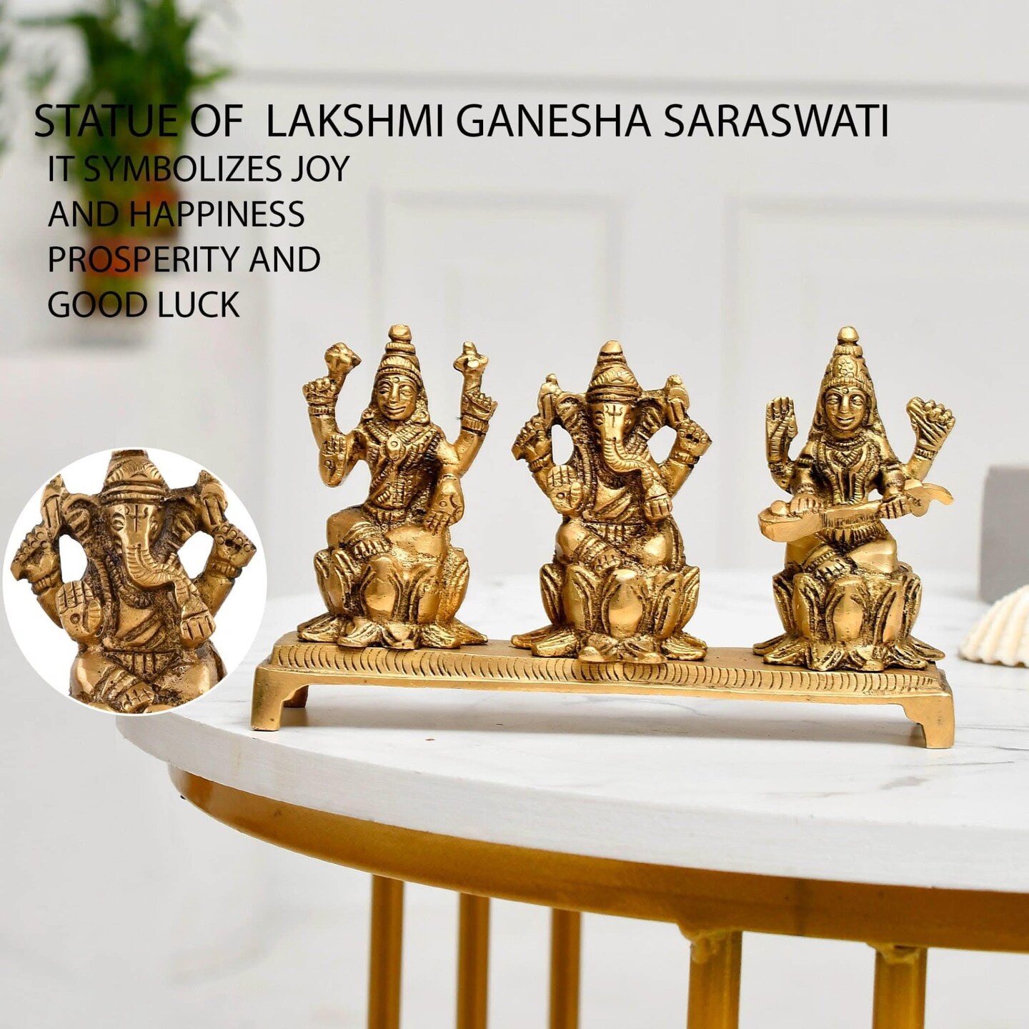 Laxmi Ganesh Saraswati Statue Brass Religious Figurine Hindu God Ganesha and Goddess Lakshmi Saraswati Idol Murti for Puja Room Home Temple Mandir Decor - Diwali Housewarming Gift (3 Inch)