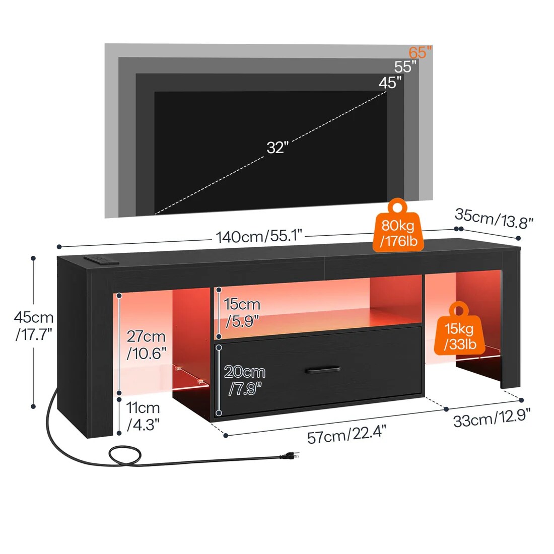 63 Inch Entertainment Center with LED Lighting, USB Ports and Storage