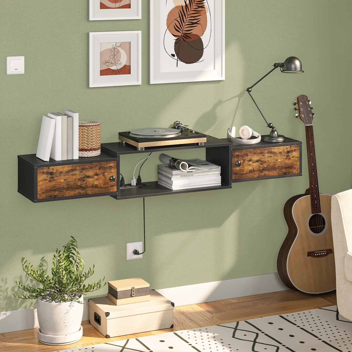 Brown Wall Mounted TV Stand 55 Inch with 4 Power Outlets and Storage