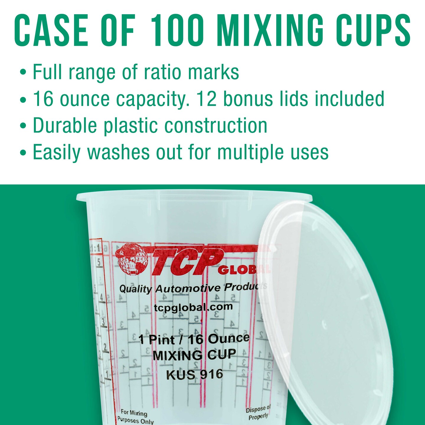Paint Mixing Cups Plastic Measuring Cup Epoxy Resin, Disposable or Reusable, 16-Ounce (Pint) - Box of 100 - Graduated, Mixing Ratios, Automotive Painting Acrylic Art Crafts