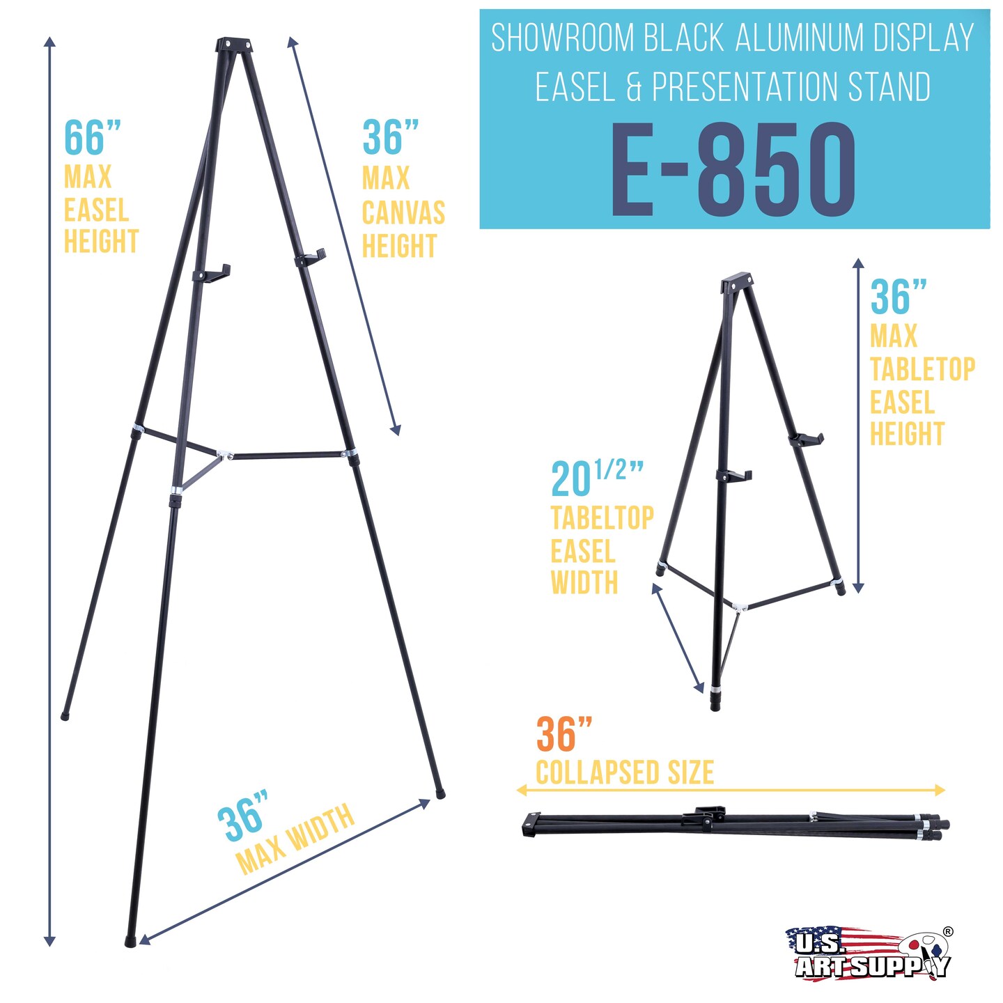 66&#x22; High Black Metal Display Easel - Large Adjustable Height Portable Easel Stand, Sign Display, Holds 25 lbs - Floor &#x26; Tabletop Easels, Painting Stand
