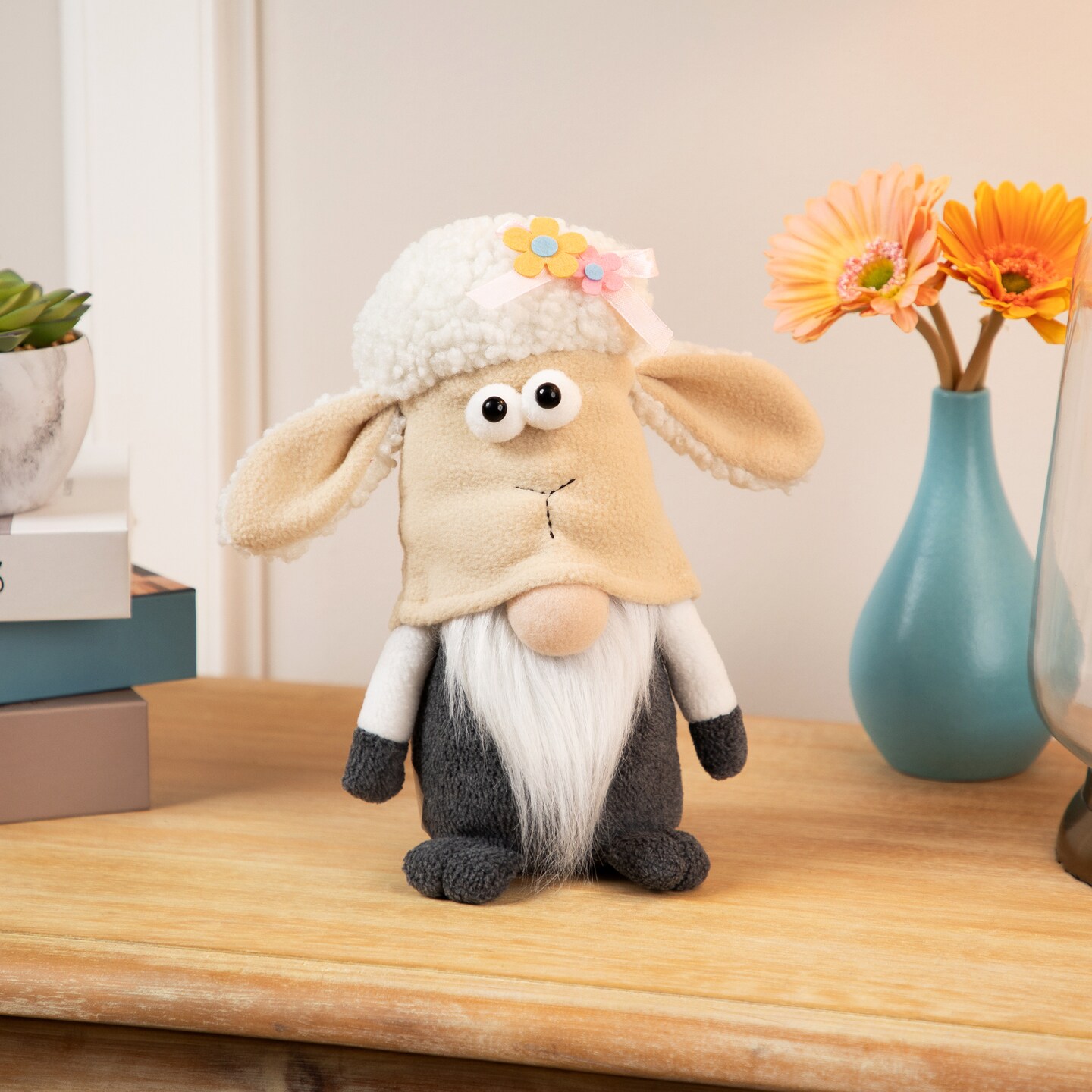 Northlight Plush Springtime Floral Sheep Gnome Easter Decoration - 9&#x22; - Gray and White