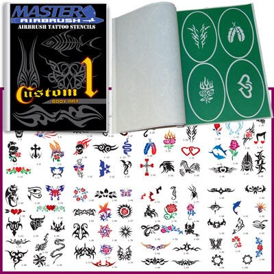 Master Airbrush; Temporary Tattoo Stencils Booklet Set 1 with 100 Different Self-Adhesive Reusable Stencil Designs; Category:Airbrushing; Image:1