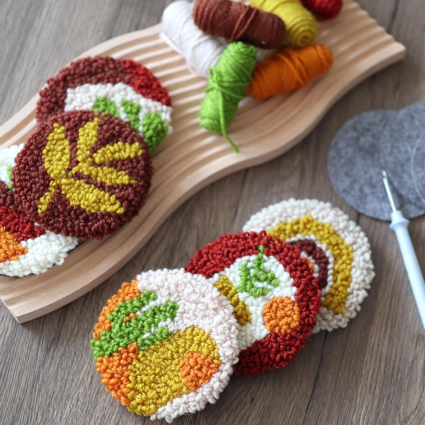 Punch Needle Coasters Kit, Punch Needle Embroidery Kit for Beginners and Adults Including Patterns, Tools, Yarns, Hoop, Instruction, Coaster Holder Coaster Art Craft Supplies (Plants)