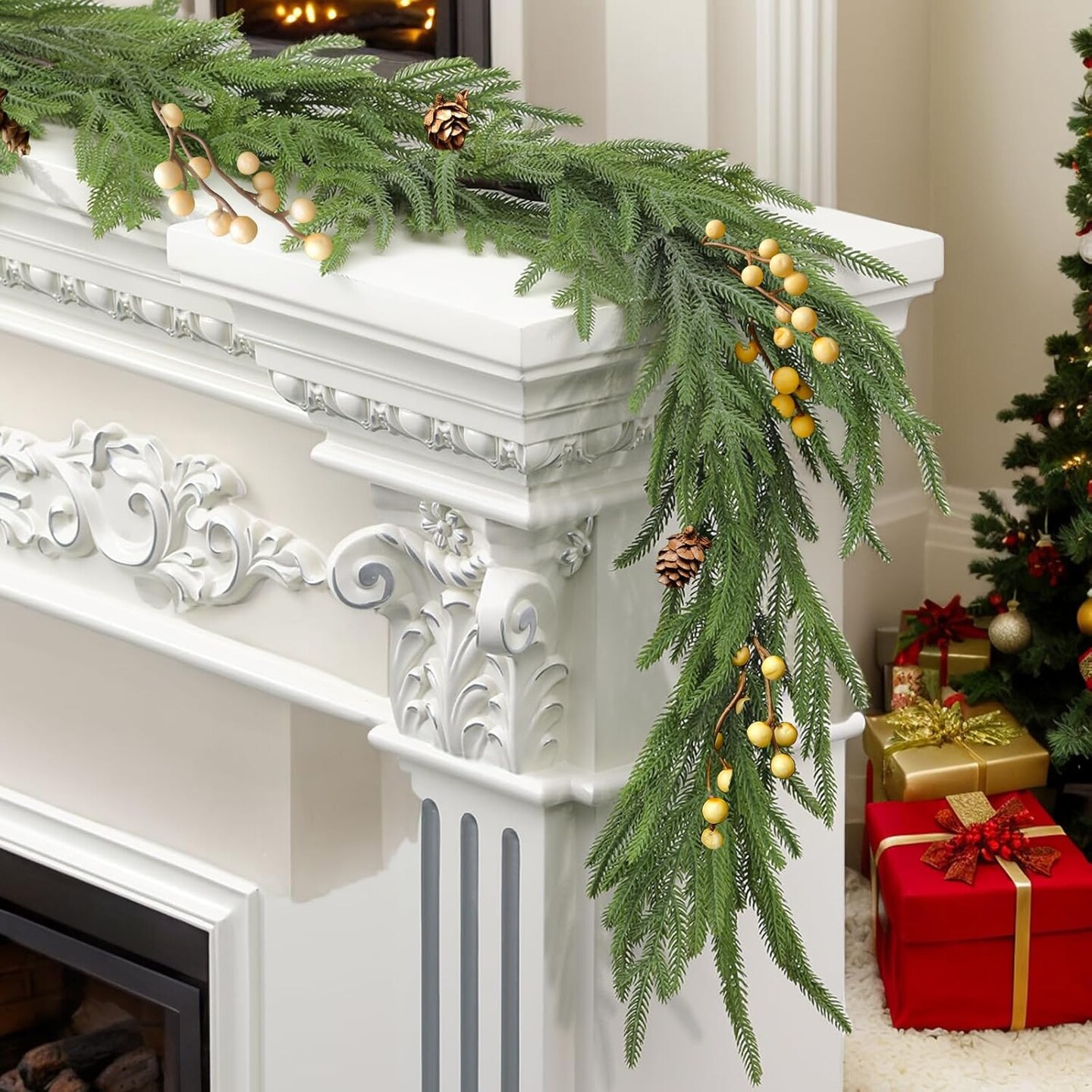 6 FT Norfolk Pine Garland, Christmas Green Artificial Real Touch Cedar Garland, Faux Cedar with Lights, for Table, Wall, Fireplace Indoor Outdoor Decor