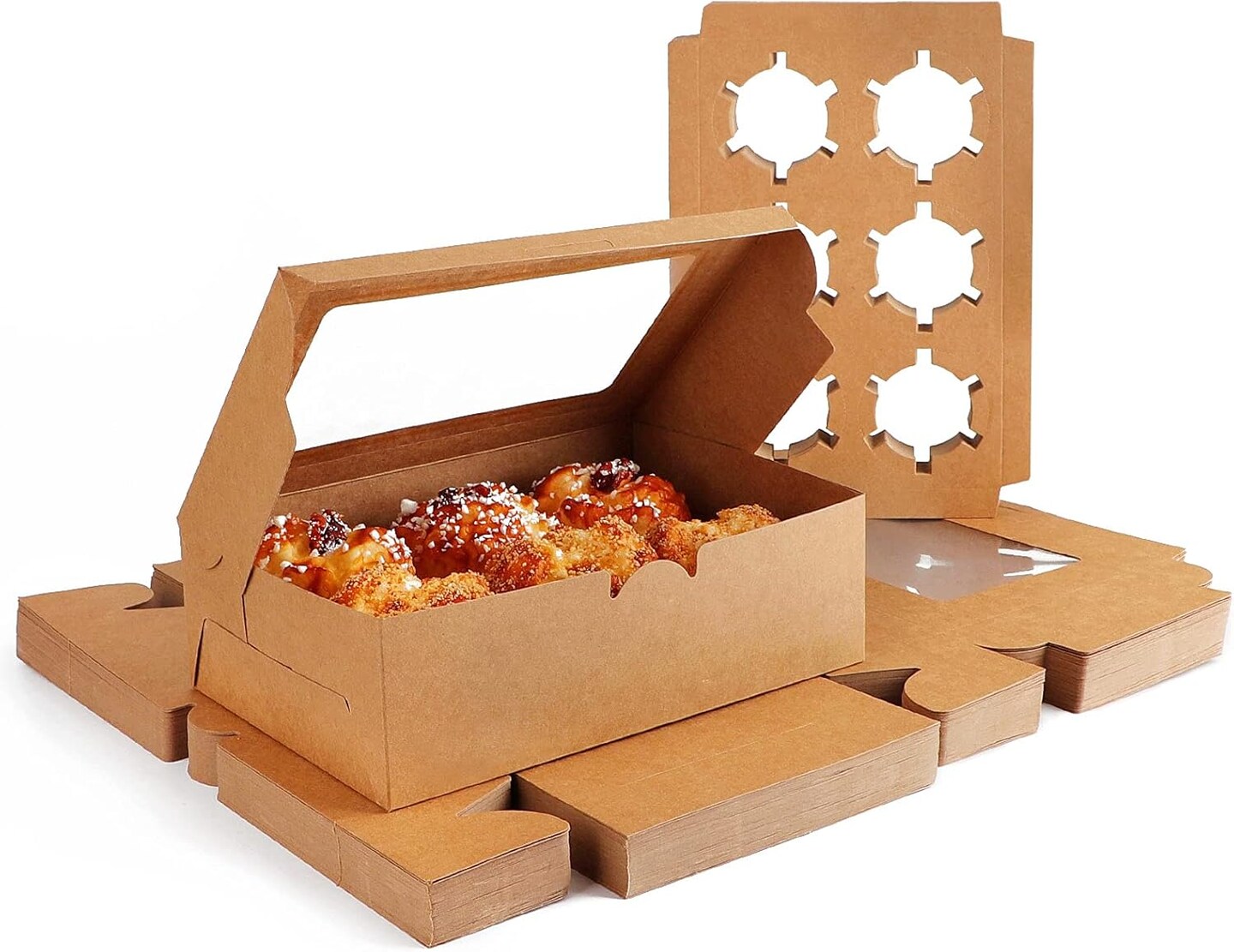 Cupcake Boxes, 50pcs 9.4" x 6.2" x 3.0" Food Grade Kraft Muffin Cupcake Box Carrier Packaging with Insert and Display Window, Cupcake Boxes Fits 6 Cupcakes or Muffins