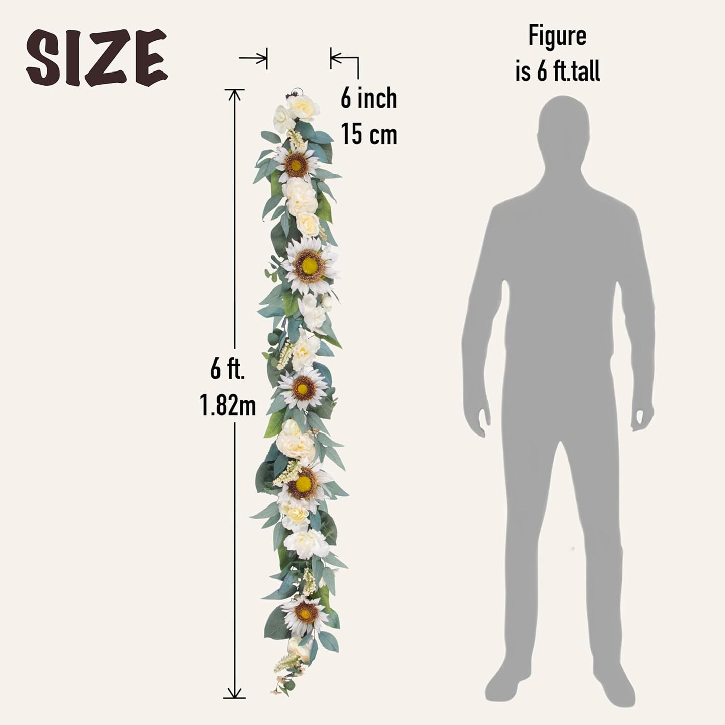 6 ft Flowers Garland Decor - Handcrafted Artificial Sunflower Rose Peony Vine Swag - Spring Summer White Floral Arrangement for Home Table Mantel Railing Stair Door Wedding Party Arch Backdrop