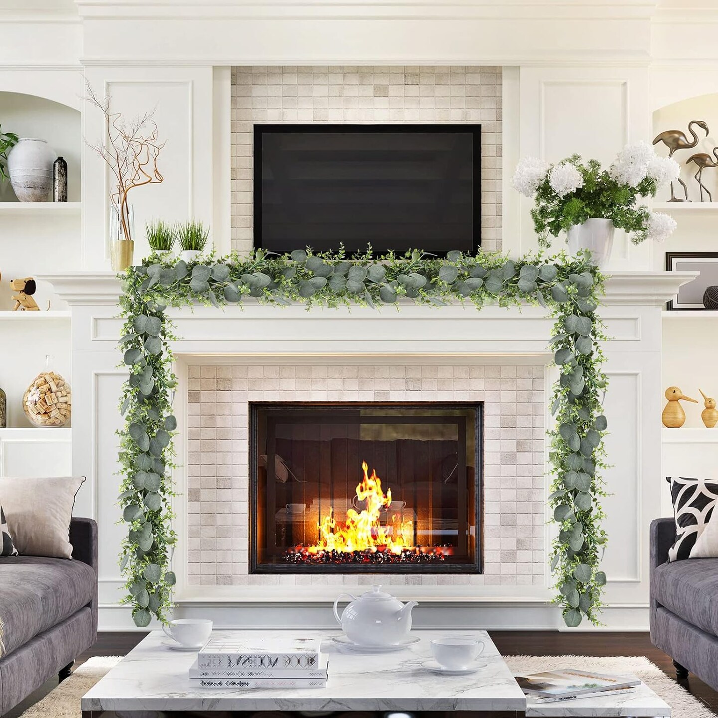 5pcs 5.5ft Artificial Eucalyptus Garland Fake Silver Dollar Eucalyptus Greenery Garland Vines Table Runner for Wedding Arch Backdrop Table Centerpiece Home Mantle Decor