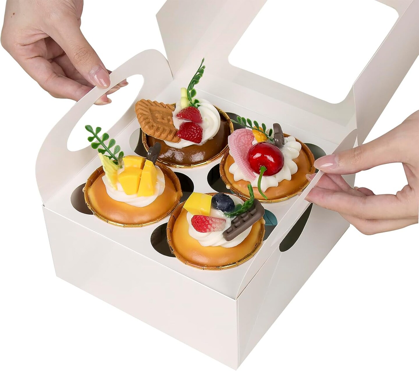 25-Pc White 4-Cupcake Boxes – Window & Inserts, 6.3×6.3×3in, Bakery Use