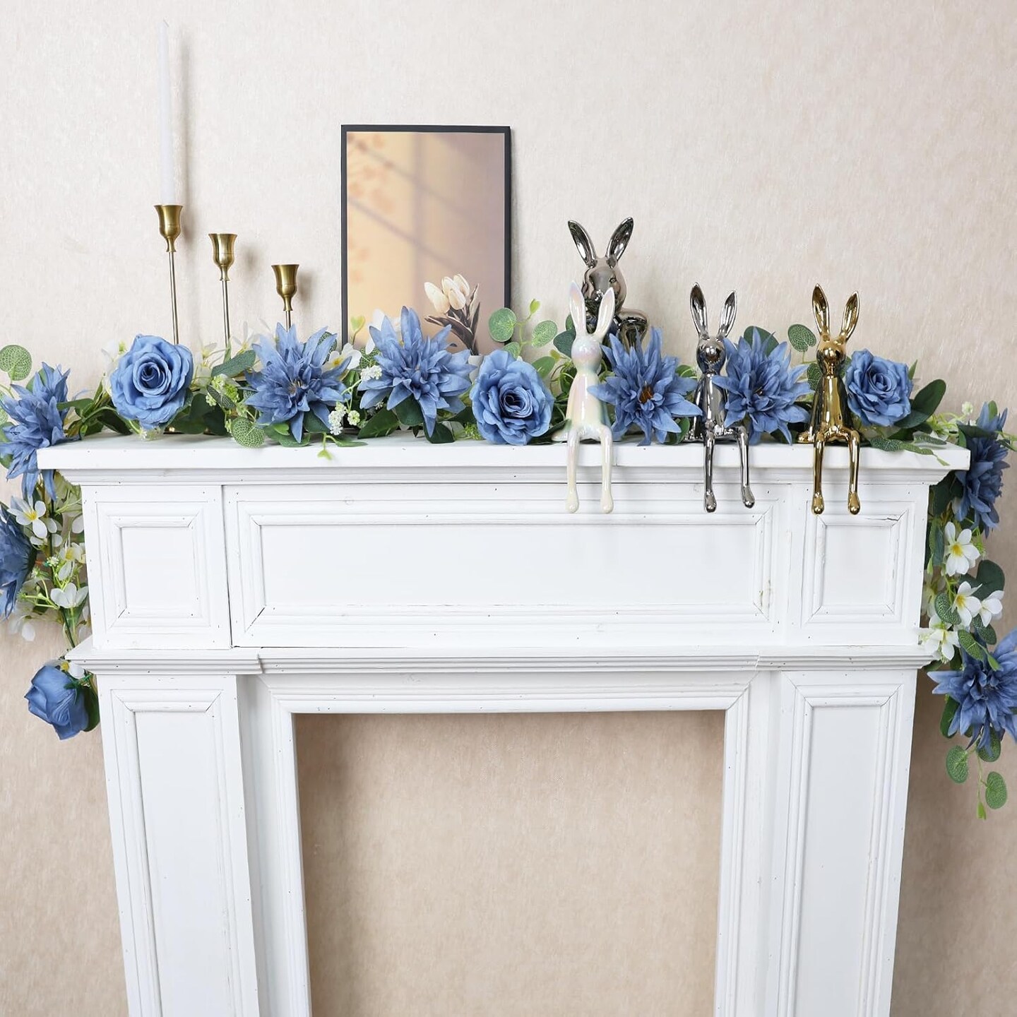 Artificial Flowers Garlands - 5.6 FT Eucalyptus Garlands with Multi-Flower Variety in Dusty Blue &#x26; White, Rustic Elegant Style for Wedding Decorations