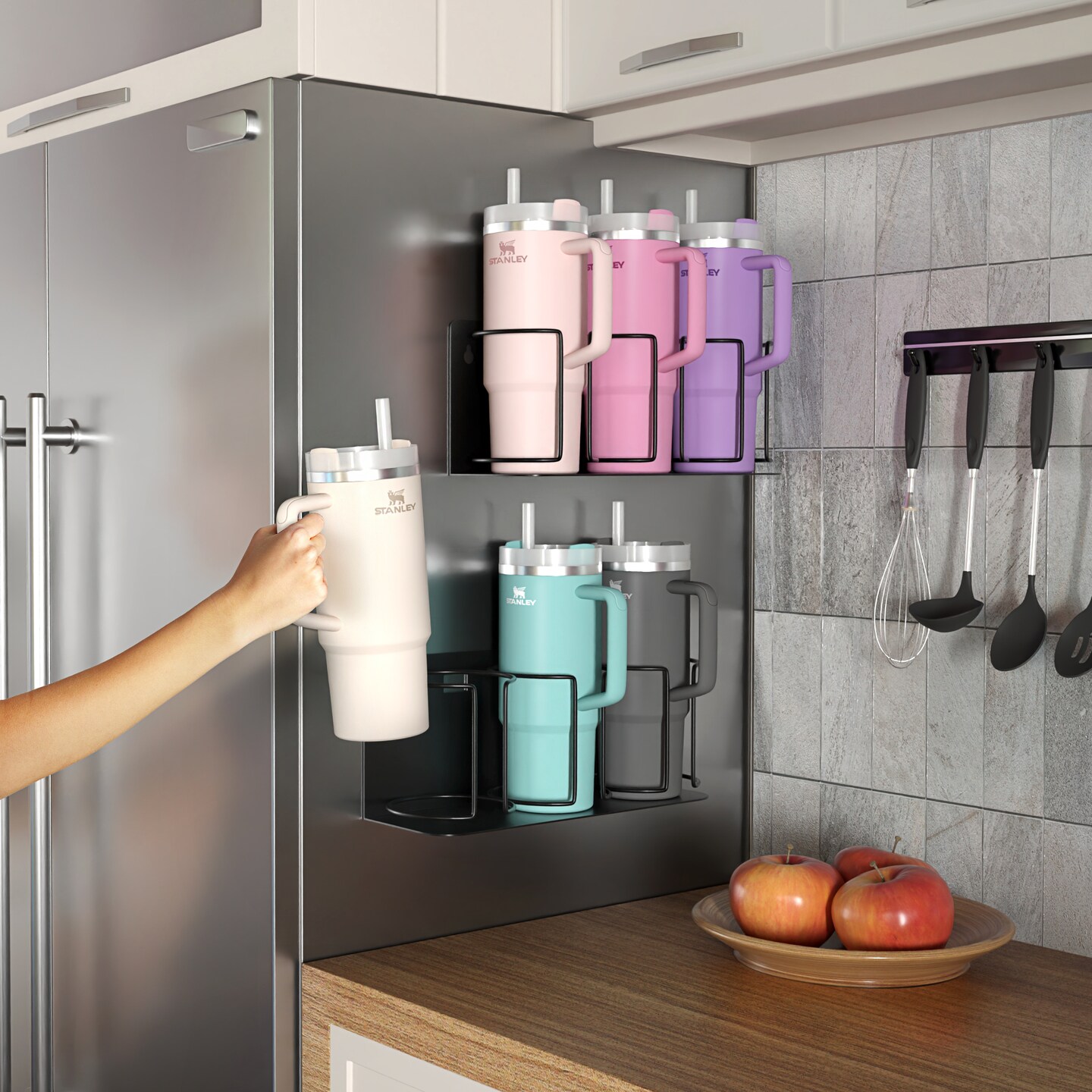 Sorbus Magnetic Stanley Cup Holder for 3 Cups – Versatile Water Bottle Organizer for Fridge, Oven, or Wall – Adjustable Mount with Adhesive Tape or Screws – Tumbler & Travel Mug Storage Rack (2 Pack)