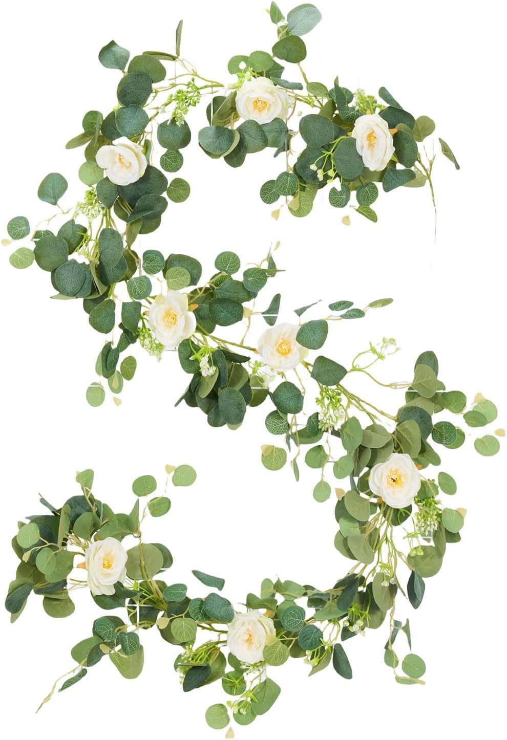 6.56ft Artificial Eucalyptus Garland with Lights, White Rose Flowers Faux Floral Garland Greenery Garland, Rose Vine Gypsophila Eucalyptus Leaves Garland for Home Party Wedding Table D&#xE9;cor