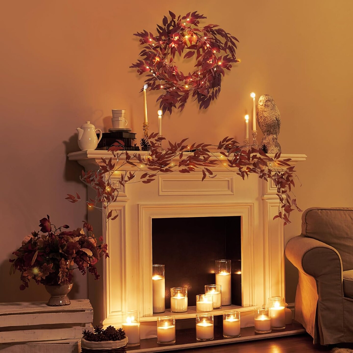 Artificial Hanging Willow Vine Twigs Whit Light 2Pcs 5.7Ft Fake Fall Garland Faux Silk Willow Leaves Ivy Indoor Outdoor